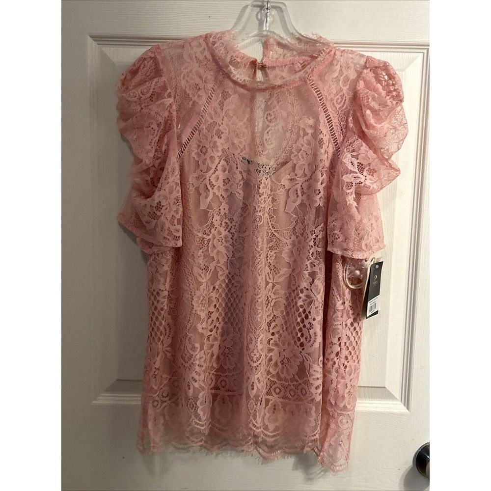 Savanna Jane Size L Pink Lace Blouse High Neck Puff Shoulder Long Sleeve NWT